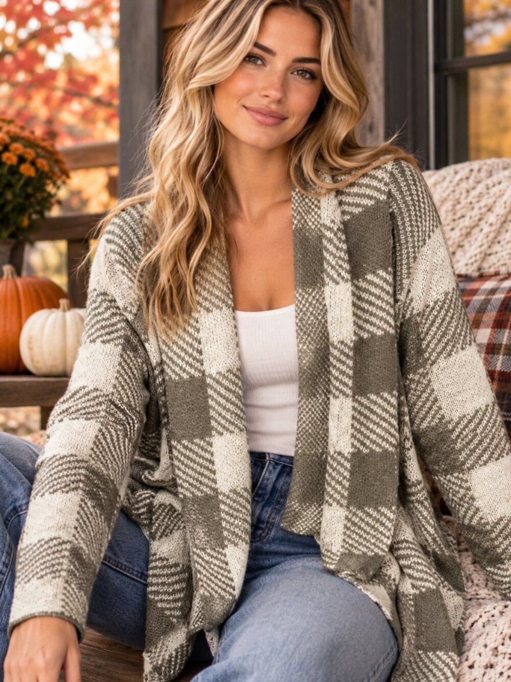Maurice Sweater Women's Size Small Grey and White Plaid Open Front #CozyFall